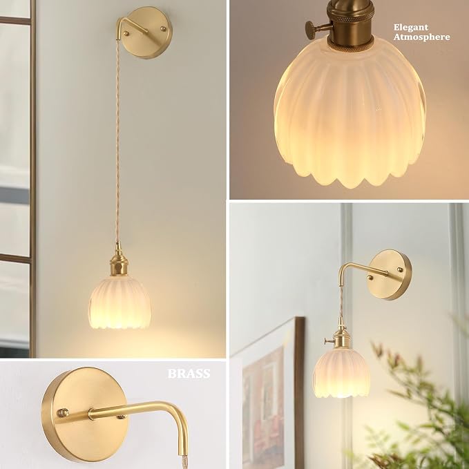 Shenmoyl Battery Operated Wall Sconce with White Tulip Shade Pattern Glass Adjustable Chain Retro Gold Wall Mounted Light, Modern Wall Lamp Fixtures Decor for Bedside Bedroom Indoor Doorway