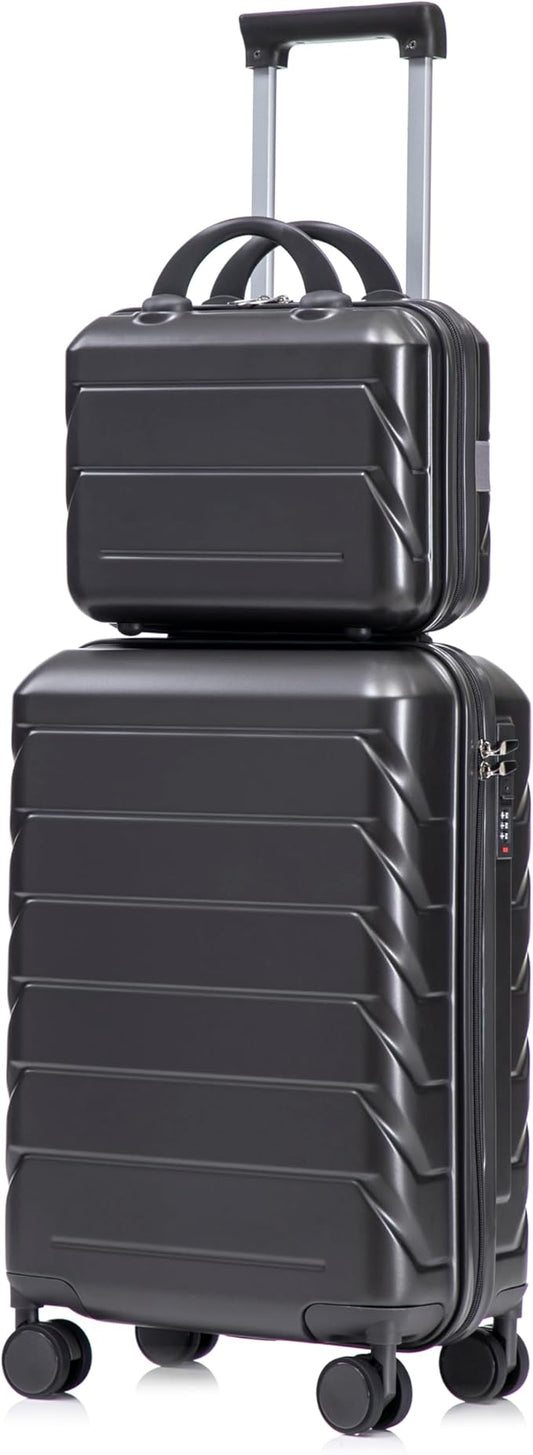 2-Piece ABS Hard Shell Lightweight Carry-On Luggage Set (14" & 20"), 360-Degree Spinner Wheels, Adjustable Telescopic Handle and Combination Lock for Travel, Dark Grey