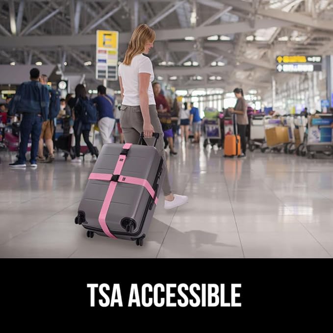 GORILLA GRIP Heavy Duty 4 Pack Adjustable Luggage Straps for Suitcases, Easy to Identify Travel Belt Connector Holds Suitcase Together, Extends Life of Bag, Strap Connects Two Bags, Accessories Pink