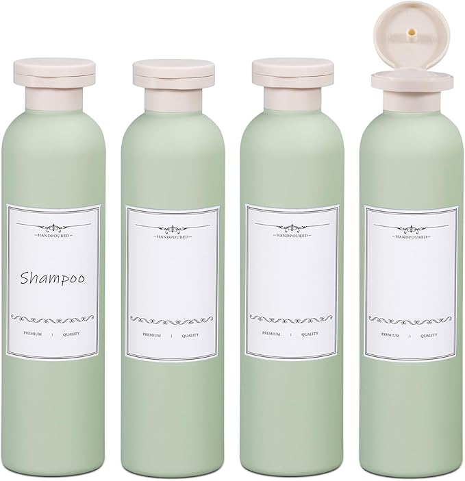 ASEVAT 8.8oz 4Pcs Green Plastic Refillable Travel Shampoo and Conditioner Bottles Plastic Refillable Travel Shampoo Bottles with Flip Cap Shampoo and Conditioner Dispenser