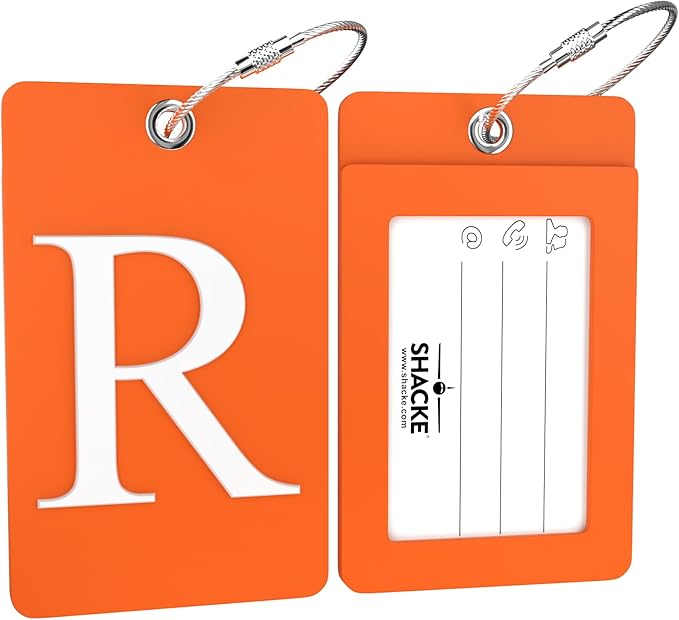 Shacke Luggage Tag Initial – Fully Bendable Tag w/Stainless Steel Loop - Orange (Letter R)