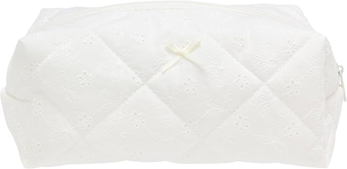 PAZIMIIK Cozy Makeup Bag Travel Cosmetic Bag for Women Soft Toiletry Bag Aesthetic Makeup Organizer Portable Large Zipper Pouch for Skincare Beauty Accessories Brushes Embroidery White