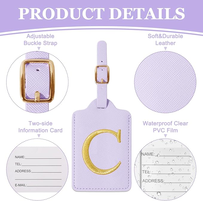 Personalized Initial Luggage Tags for Suitcases,Leather Letter Cute Luggage Tags with Privacy Name Card,Embroidered Monogrammed Travel Bag Backpack Tag Gifts for Women Kids Girls Teens(Purple-C)