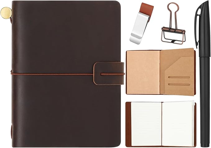 Thenshop Travelers Refillable Leather Journal Notebook Travel Diary Handmade Passport Travelers Journal for Men and Women with 3 Notebook Inserts, Pen Holder, Binder Clip(Dark Brown,Passport Size)