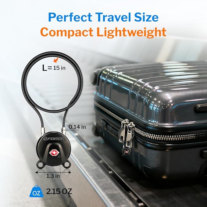 Forge TSA Approved Luggage Locks, Ultra-Secure Dimple Key Travel Lock, Extra long-15'' Cable Locks with Zinc Alloy Body