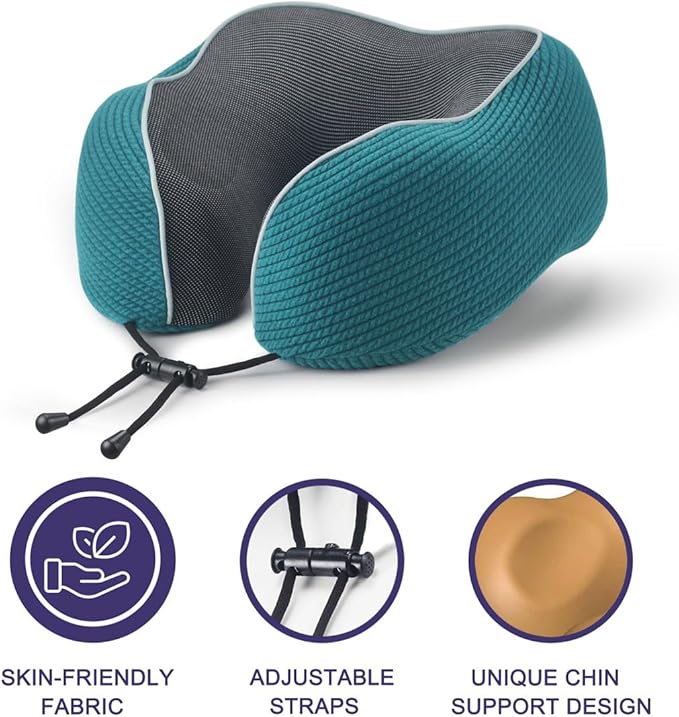 napfun Neck Pillow for Travel with Travel Pouch, Sleep Mask & Earplugs, Memory Foam Airplane Pillow for Headrest Sleep with Eyeshades, Plane Essentials with Eye Blindfold, Teal Striped Kit