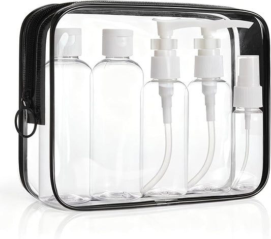 BAGSMART 7 Pack Clear Toiletry Bag with Refillable Travel Bottles Set, TSA Approved Travel Toiletry Bag Water Repellent Carry on Travel Accessories Bag Airport Airline Quart Size Bags, Black