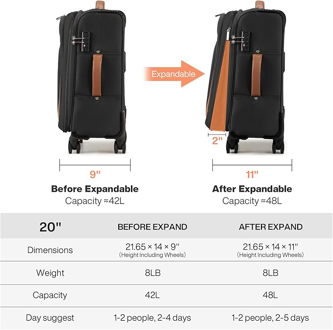 mixi Carry On Luggage 20 Inch Softside Expandable Suitcase with Front Pocket, 22x14x9 Airline Approved Rolling Lightweight Travel Suitcases with Wheels & TSA (Black)