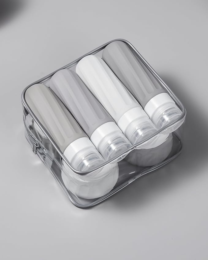 Travel Size Toiletries 8 Pack, TSA Approved 3oz Silicone Squeeze Bottles & Cream Jars with Clear Travel Bag