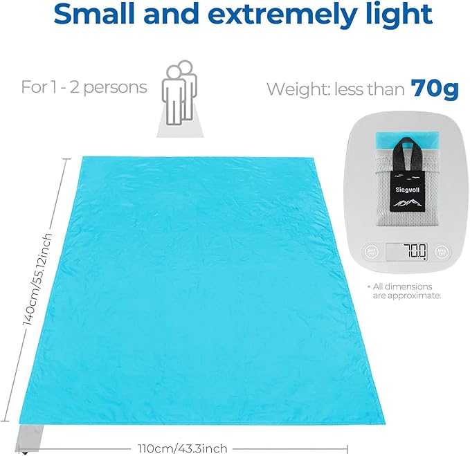 Pocket Picnic Blanket for 1-2 Persons, 43.3x55.12″(2.54oz) Super Light Compact Beach Blanket, SandProof Waterproof Portable Beach Picnic Mat for Outdoor Hiking Camping Travel Festival(Blue)