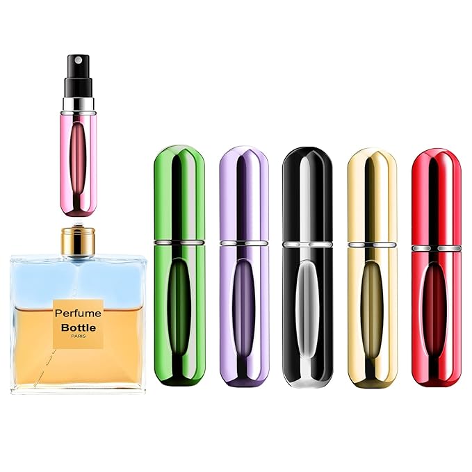 Portable Mini Perfume Atomizer Bottle, Atomizer Perfume Spray, Scent Pump Case, Refillable Travel (5ml, 5 Pack) (Purple, Gold, Green, Red, Black)