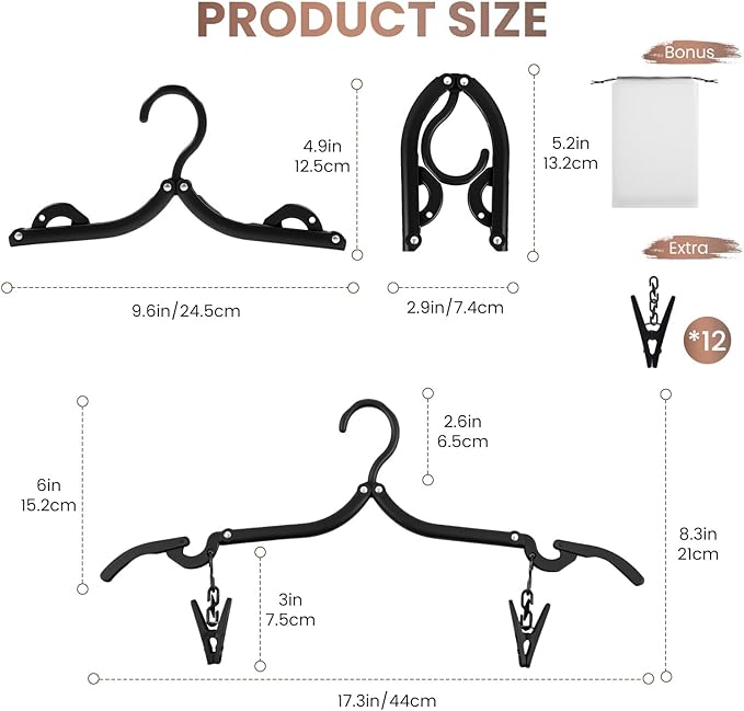 20 Pack Foldable Travel Hangers with 12 Clips - 2025 Cruise Essentials, Portable Collapsible Plastic Hangers-Travel Must Haves for Suitcase, Hotel, RV, Road Trip, Flying, Camping | Black