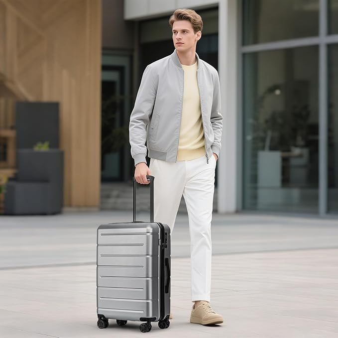 KYME 24 Inch Luggage TSA Approved Hardshell Suitcases with Spinner Wheels Durable PC+ABS Medium Checked Travel Luggage for Women Men Silver Grey