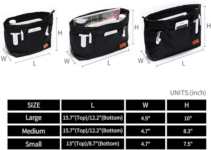 iN. Multi-Pocket Travel Handbag Organizer Insert Large for Tote Bag Purse Liner Insert Organizer with Handles (Large, Black)