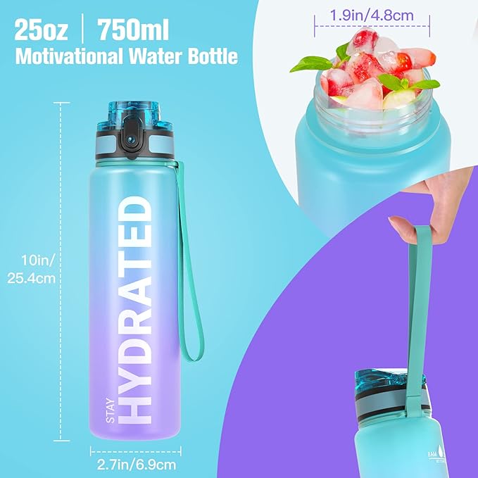 Sahara Sailor Water Bottle, 32/25/17oz Durable and Leakproof Water Bottles Motivational with Time Marker, Tritan, BPA Free, Wide Mouth with Easy Clean Brush for Gym, Travel, School, Office (1 Bottle)