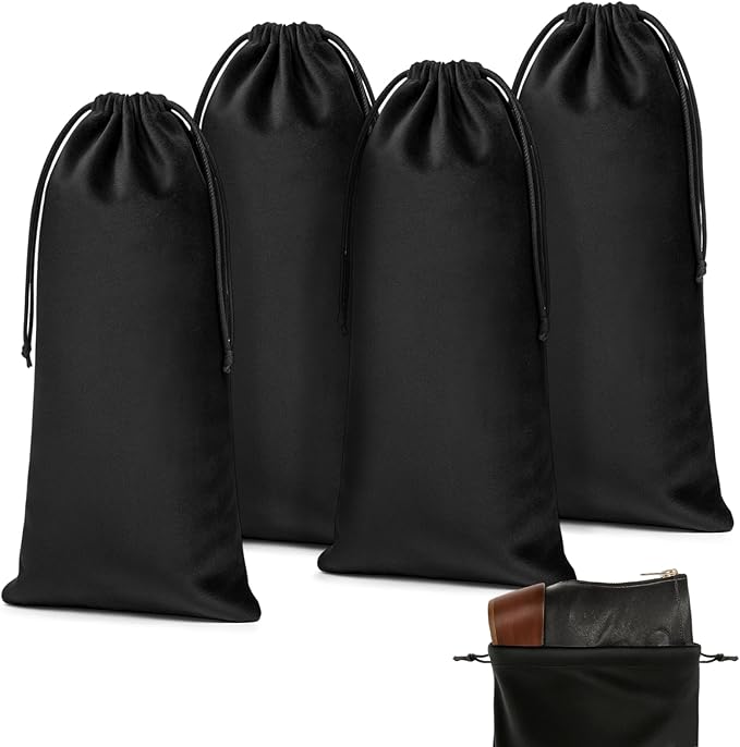 Amylove 4 Pcs Flannel Cloth Shoe Bags for Travel, 8 x 17 Inches Dust Pouch with Drawstring Closure, Washable Breathable Cotton Fabric for Luggage (Black)