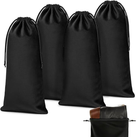 Amylove 4 Pcs Flannel Cloth Shoe Bags for Travel, 8 x 17 Inches Dust Pouch with Drawstring Closure, Washable Breathable Cotton Fabric for Luggage (Black)