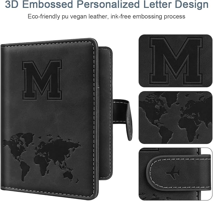 Passport Holder Wallet Cover Personalized Letter A-Z Travel Wallet RFID Blocking Passport Cover Wallet Case for Travel Passport Book Holders for Women and Men, Black-M