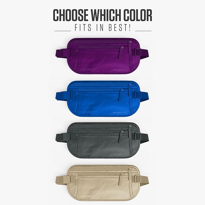 VENTURE 4TH Money Belt for Travel – Hidden Under-Clothes RFID Blocking Passport Holder & Slim Travel Wallet Pouch for Men & Women to Protect Cash, Cards & Documents (Sleek Purple)