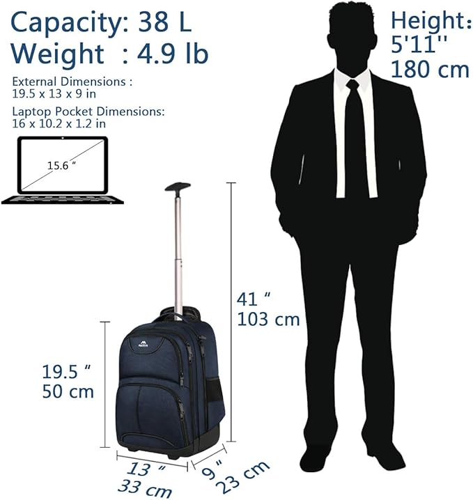 MATEIN Backpack with Wheels, Travel-friendly Rolling Laptop Backpack for Men Women, Freewheel Carry on Luggage Business bag, Compact College Trolley Suitcase Computer Bag fit 17 inch Notebook, Blue