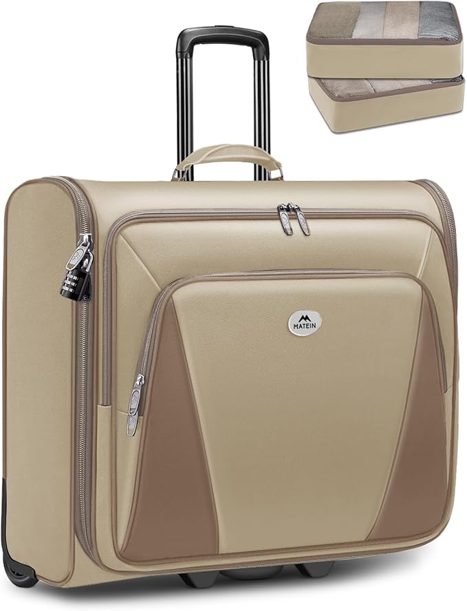 MATEIN Garment Bag with Wheels, Large Wheeled Garment Bags for Hanging Clothes with 2 Packing Cubes, Foldable Softside Travel Suit Carrier for Women, Business Suitcase Luggage Fits 17" Laptop, Khaki