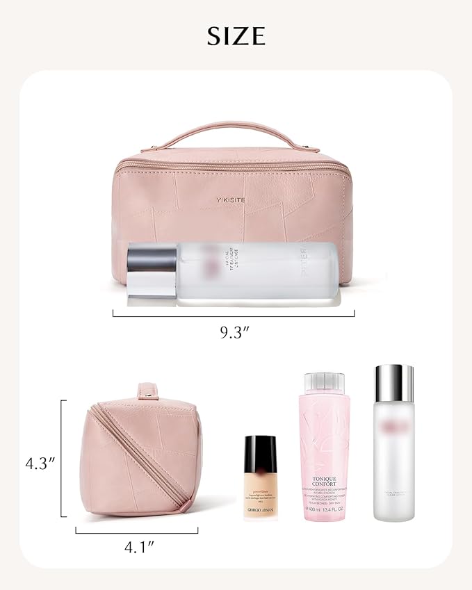 Makeup Bag, Cosmetic Bags toiletry bag for Women, Waterproof PU Leather Make Up Pouch Organizer Travel Essentials Organizer with Divider For (Pink)