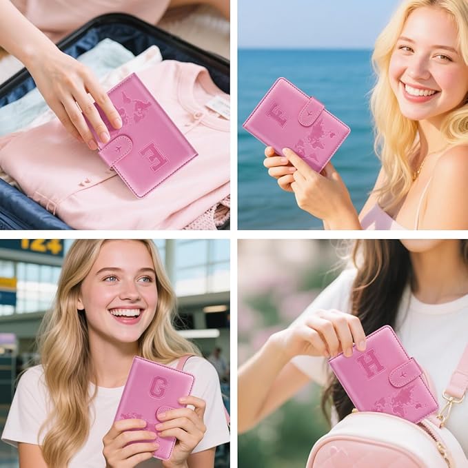 Passport Holder Cover Initail Letter A-Z Travel Wallet Embossed Design RFID Blocking Card Holder Personalized Gift Passport Cover Wallet, Passport Book Holders for Women and Girls, Pink-G