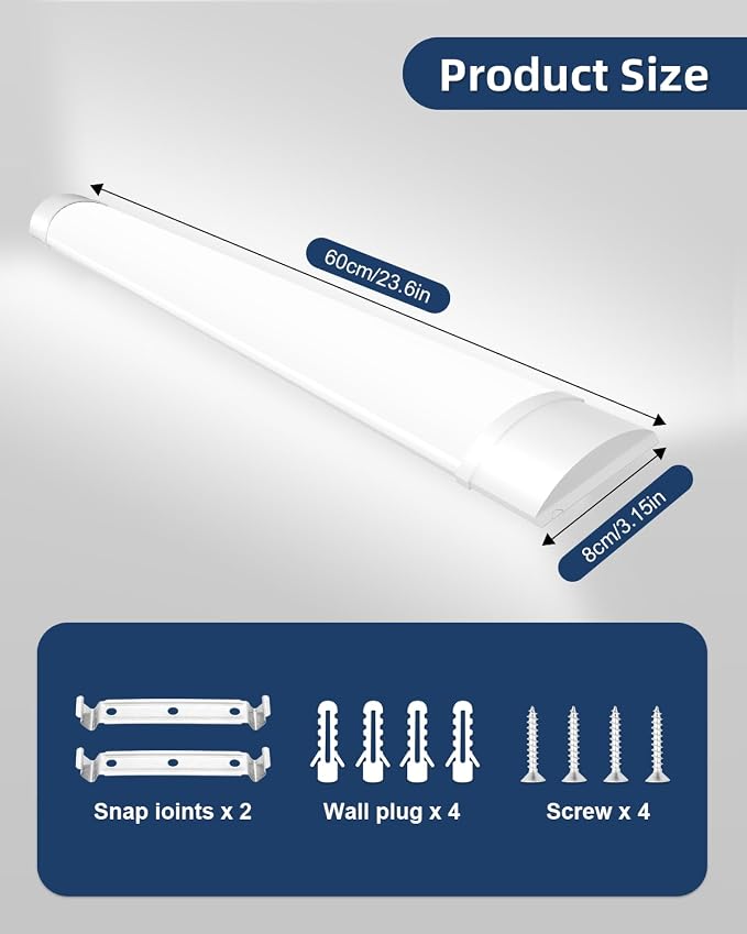 Sararoom 2FT LED Shop Light Fixture 20W LED Wraparound Light, 2400Lm,6500K Cold White, 60cm 23.6inch LED Garage Closet Light Ceiling Light for Office Home Basement, No Plug, No Ground Wire