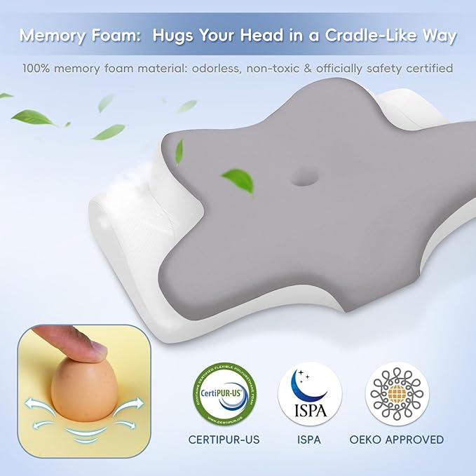 Cervical Neck Pillow, Memory Foam Pillows for Neck & Shoulder Pain Relief, 2 Heights Ergonomic Pillow with Breathable Ice Silk Cover, Neck Support Pillow for Stomach Sleepers White