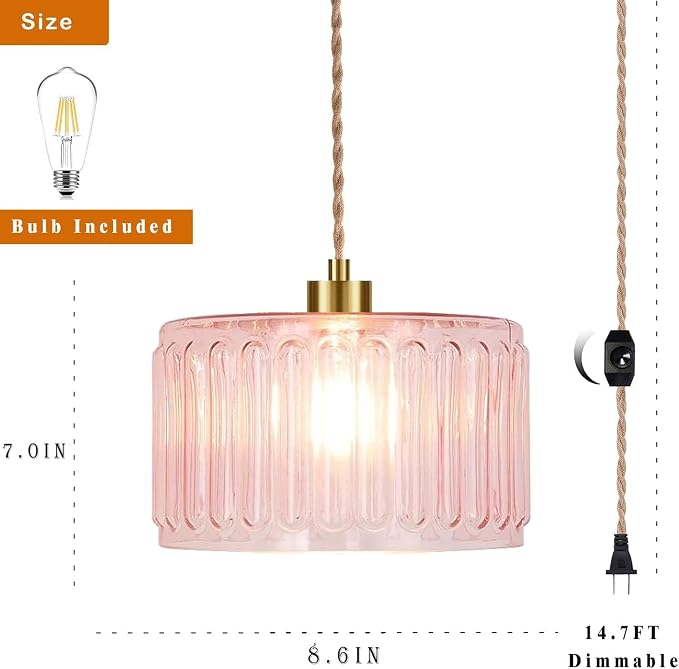 QIYIZM Pink Plug in Pendant Light Glass Hanging Lights with Plug in Cord Boho Hanging Lamp Gold Mid Century Modern Vintage Dimmable Flower Plug in Chandelier Ceiling Fixture for Living Room,Bedroom