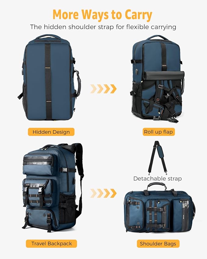 Ponhog Travel Backpack for Men, 50L Carry On Flight Approved Convertible Duffle Bag with Shoe Compartment, 17 inch Laptop Luggage with USB Charging Port for Weekender Hiking, Blue