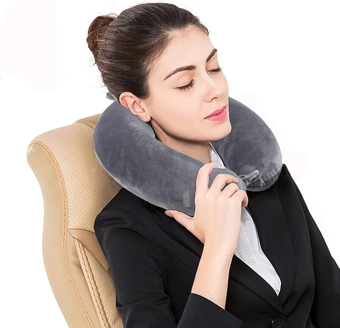 Travel Pillow, 100% Pure Memory Foam Neck Pillow, Suitable for Airplanes, Cars, Trains, Office Naps, Home Lounge Chairs, Removable and Washable Pillow Cover (Gray)