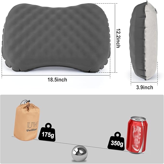 Camping Pillow with Ice Silk Memory Foam Cover - Ultralight Inflatable Pillow for Camping Lightweight, Ergonomic and Washable for Camping, Hiking, and Travel Gray