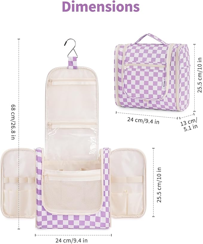Narwey Checkered Hanging Travel Toiletry Bag for Women, Travel Bag for Toiletries, Makeup Bag Organizer Cosmetic Bags Make Up Bags for Women (Purple Checkerboard)