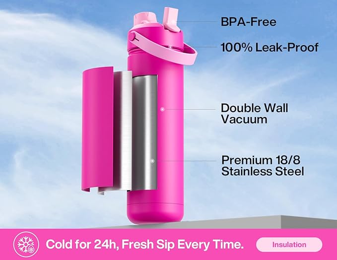 POWCAN 26 oz Insulated Water Bottle with 2-in-1 Straw and Spout Lid, Keep Cold 24H, Leak-Proof, Fits in Car Cup Holder, Stainless Steel Water Bottle for Sports, Travel, Gym, Gift, and School (Peony)