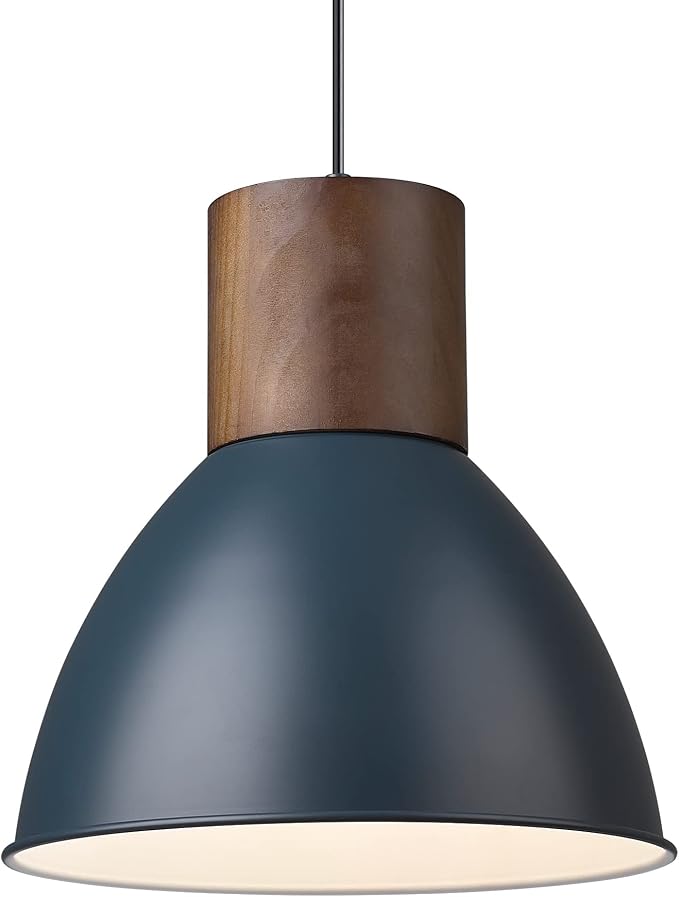 ELYONA Modern Pendant Light for Kitchen Island, Solid Wood Metal Hanging Lamp, Adjustable Height, 11.6" Industrial Pendant Light Fixtures for Farmhouse,Bar,Dining Room,Living Room,Bedroom - Dark Blue