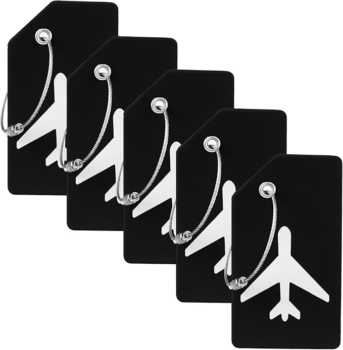5 Pack Silicone Luggage Tag for Suitcases with Stainless Loop, TSA Approved, Privacy Protection Travel Essentials Bag Tags by Gostwo, Black