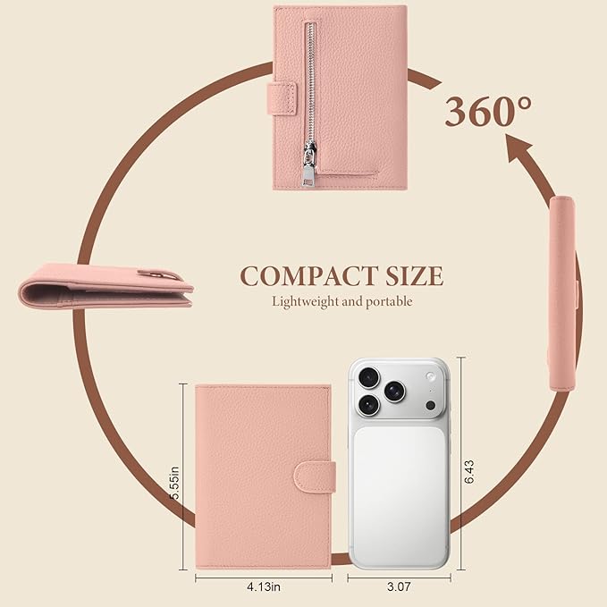 Genuine Leather Passport Holder for Women Men, Hidden Airtag Pocket, RFID Blocking, Zippered Coins Pocket & Cash Compartment Travel Gifts Essentials Passport Cover Case - Pink