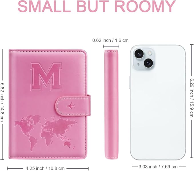 Passport Holder Cover Initail Letter A-Z Travel Wallet Embossed Design RFID Blocking Card Holder Personalized Gift Passport Cover Wallet, Passport Book Holders for Women and Girls, Pink-M