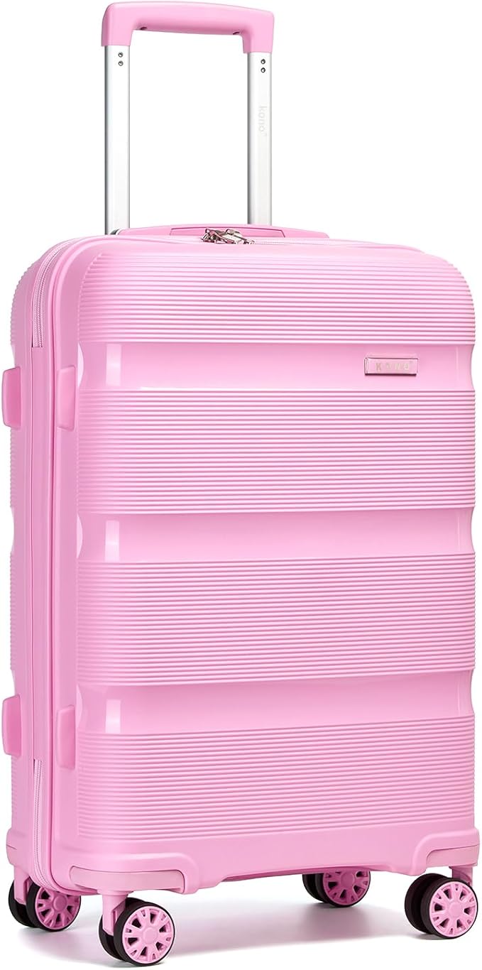 Kono Carry On Luggage 24 Inch Checked-Medium Hard Shell Travel Trolley 4 Spinner Wheels Lightweight Polypropylene Suitcase with TSA Lock, Pink