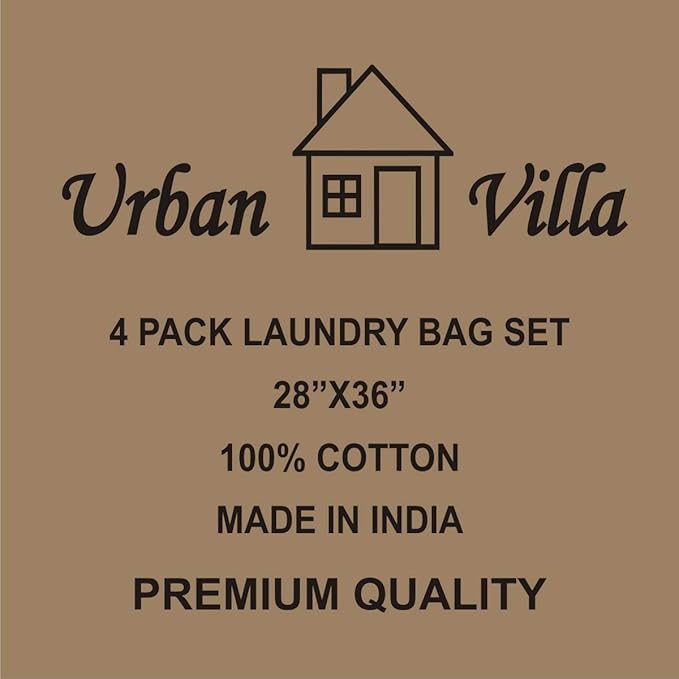 Urban Villa Laundry Bags 4-Pack 28”x36" Extra-Large Cotton Canvas Heavy Duty Washable Durable Travel Laundry Sacks with Drawstring Closure Reusable Hamper Liners for Dirty Clothes Delicates & Lingerie