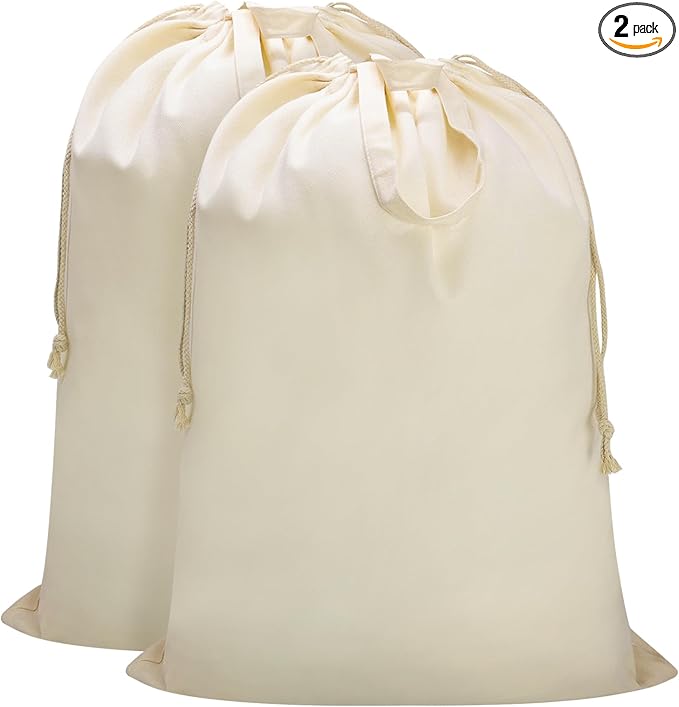Canvas Laundry Bag with Handles & Drawstring Closure 27.5”Wx35"H, Thick Laundry Bag Large Heavy Duty Washable Dirty Clothes Travel Sack for Camp, College Dorm, Laundromat (Beige L, 2 Pack)