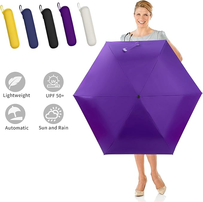 GAOYAING Mini Compact Travel Umbrella with Reflective Safety Stripes, Portable Folding Design with Case