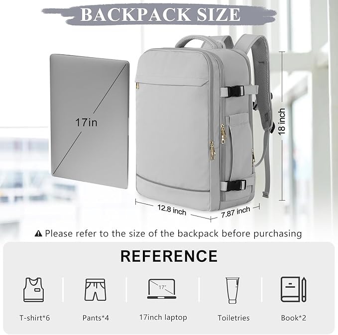Travel Backpack, 40L 17 inch Laptop Travel Backpack Carry on Flight Approved, Personal Item Travel Bag, Waterproof Backpack for College, Business, Weekend, Work, Gray