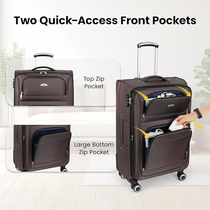 26" Luggage Softside Expandable 15% Checked Luggage with Double Spinner Wheels Combination LOCK,Lightweight Travel Suitcase for Men/Women（Coffee,26in）