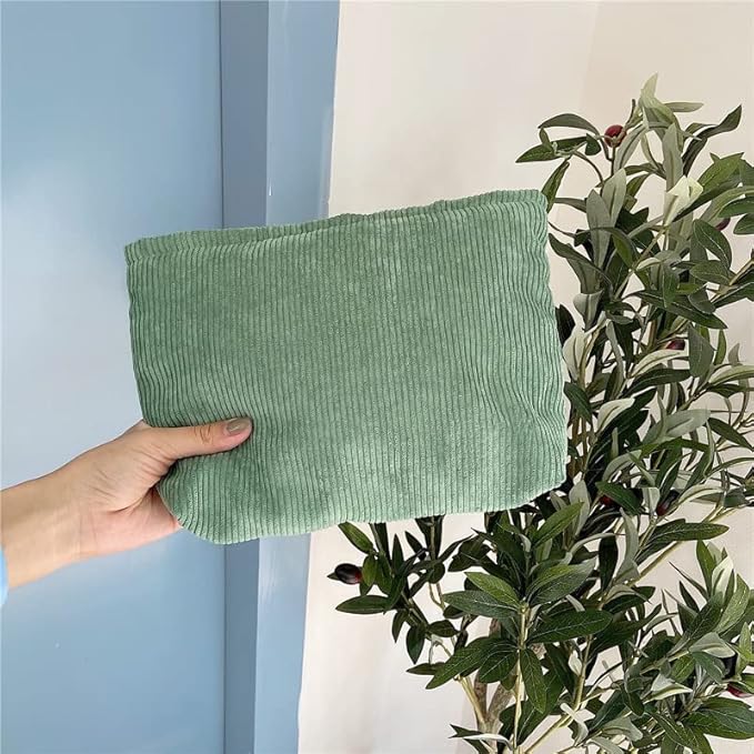 PAZIMIIK Makeup Bag Large Zipper Corduroy Make Up Pouch for Purse Travel Canvas Cosmetic Organizer for Women Brush Storage,Green