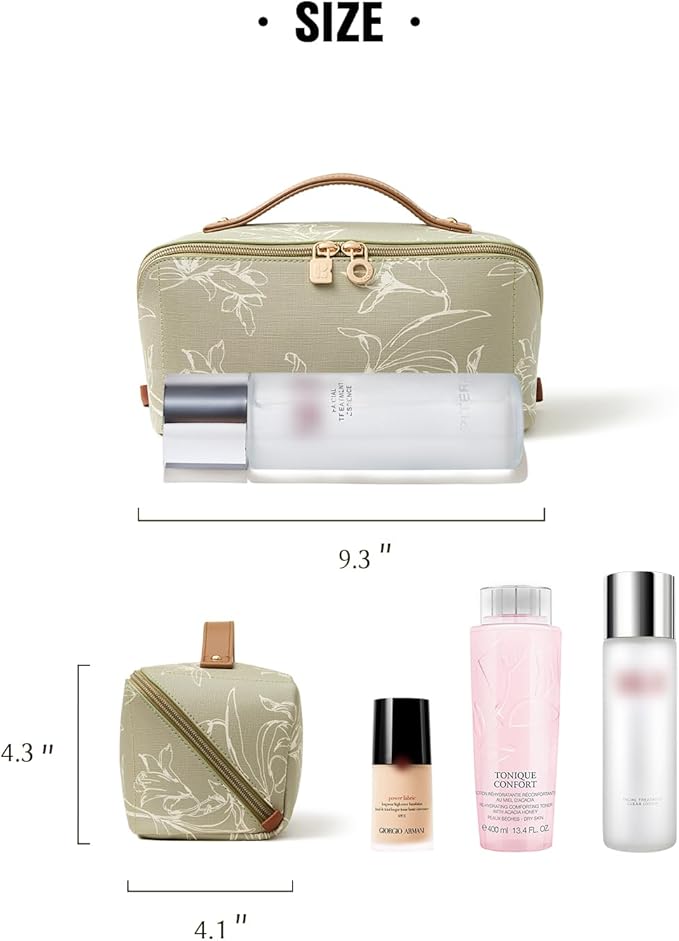 EACHY Travel Makeup Bag, Large Capacity Cosmetic Bags for Women, Waterproof Portable Pouch Open Flat Toiletry Bag Pattern Make up Bag (F-Green)