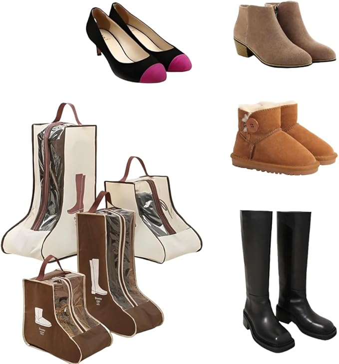 2 Set Boot Storage,Portable Short Boots and Tall Boots Storage or Protector Bag,Shoe Dust Bags,Shoe Sleeves for Travel,Clear Boots Cover,Shoes Packing Organizers for Adult Sneakers (Brown-Short)