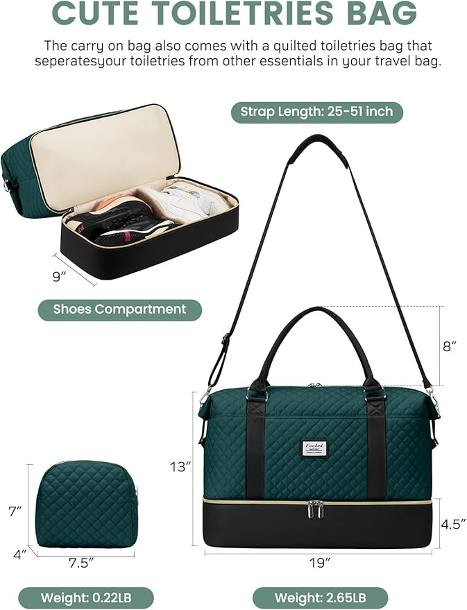 Travel Weekender Duffle Bags for Women: Overnight Bags with Shoe Compartment Large Carry on Weekend Bag with Toiletry Bag & Wet Pocket Tote Duffel Hospital Bag for Women Labor Delivery Black Green