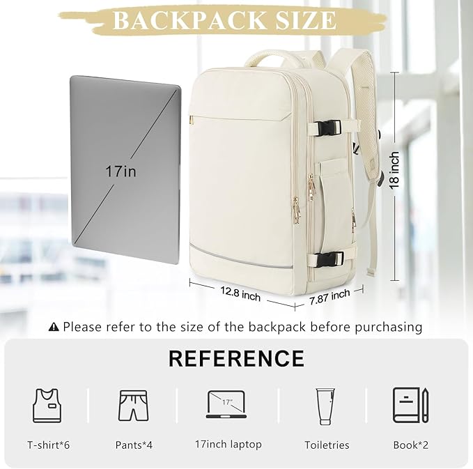 Travel Backpack, 40L 17 inch Laptop Waterproof Backpack Carry on Flight Approved, Personal Item Travel Bag, Casual Daypack for College, Business, Weekend, Work, Beige